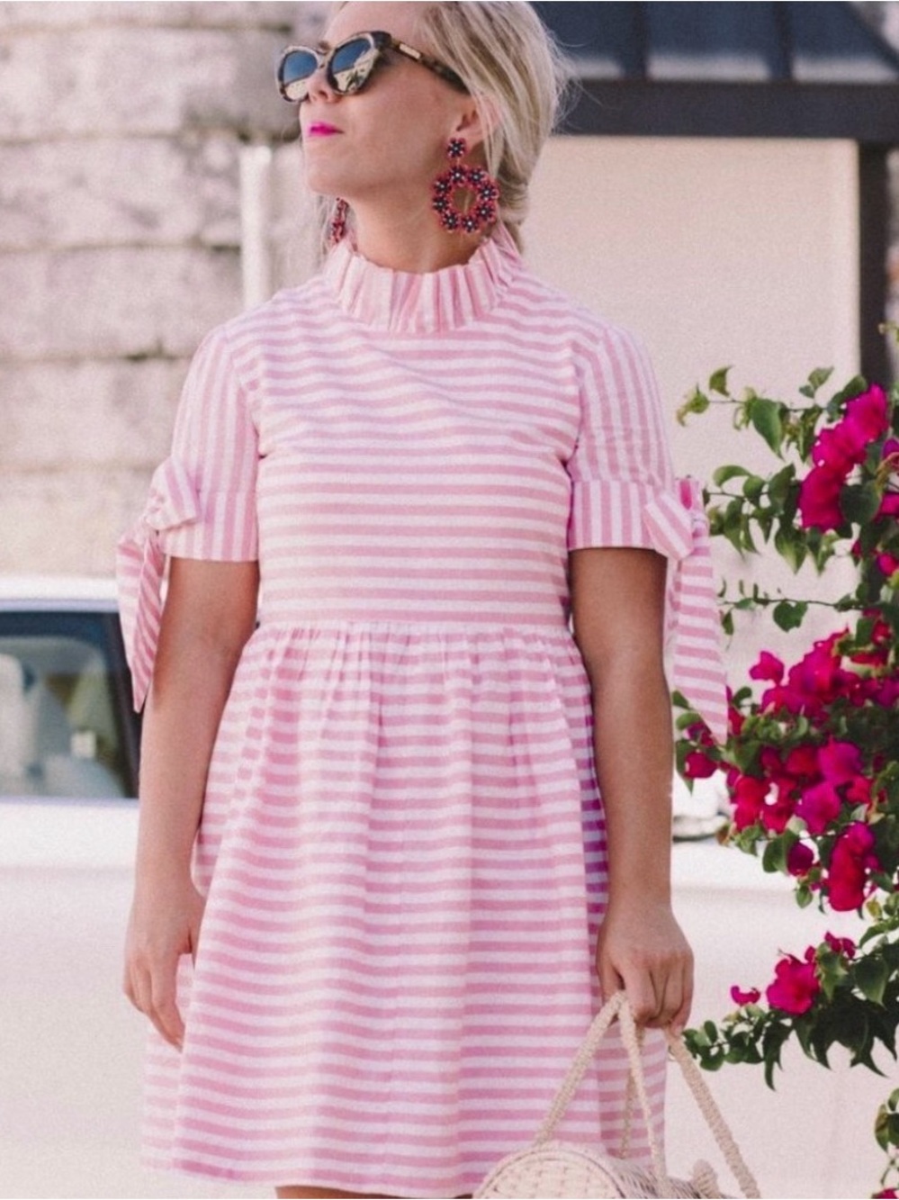 Elizabeth Wilson 100% Cotton Pink Striped Bow-Sleeve Dress - Picture 2 of 9